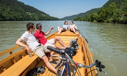 Vier Radler, zwei Männer und zwei Frauen, sind mit einem traditionellen, "Zille" genannten Boot auf der Donau unterwegs.