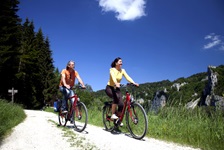 Zwei Fahrradfahrer radeln auf einem geschotterten Abschnitt des Donauradwegs entlang