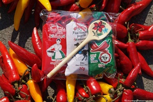 Detailbild von verpacktem Paprikagewürz mit bemaltem Kochlöffel auf frischer ungarischer Paprika