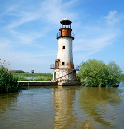Der alte Leuchtturm Sulina, der Nahe dem Kilometer O des Donaudeltas steht