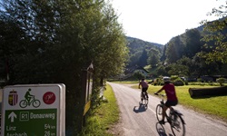 Zwei Radler auf dem Donauradweg in Oberösterreich, im Vordergrund ist ein Schild mit der Aufschrift "R1 Donauradweg" und den Steckenangaben nach Linz und Aschach zu sehen
