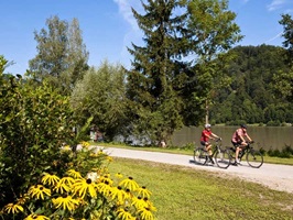 Zwei Radfahrer radeln am Ufer der Donau in der Landschaft von Oberösterreich entlang