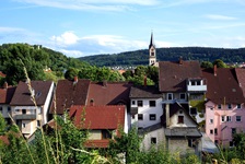 Blick auf aneinandergereihte Häuser einer Stadt an der Donau, bei der der Kirchturm in die Höhe ragt