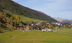 Blick auf den von saftigen Wiesen, dunkelgrünen Nadelwäldern und hoch aufragenden Bergen umgebenen Ort Muenster.
