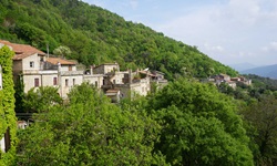 Die Häuser eines ligurischen Dorfes schmiegen sich idyllisch zwischen die sie umgebenden Bäume.