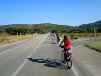 Eine Gruppe Radfahrer fährt auf einer asphaltierten Straße auf die Berge der Gallura zu.