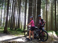 Ein Radlerpaar hält seine Mountainbikes im Schwarzwald und blickt in die Kamera