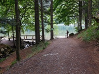 Ein Montainbiker steht an einem idyllischen See mitten im Schwarzwald