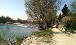 Blick auf einen Fluss und einen Weg, der am Fluss entlangführt