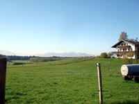 Blick über eine Weide und ein Bauernhof zu den imposanten Alpen in Bayern