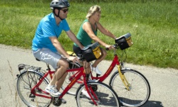 Zwei Radfahrer radeln einen Radweg an Wiesen vorbei - im Hintergrund sind die Zwiebeltürme vom Kloster Seeon zu sehen