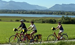 Eine Gruppe Radler fährt auf einem Radweg entlang - im Hintergrund sind die Alpen zu erkennen