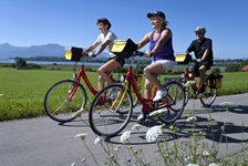 Drei Fahrradfahrer radeln auf einem Radweg am Chiemsee entlang