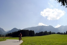 Ein Fahrradfahrer fährt auf einem asphaltierten Weg an Wiesen und Wälder vorbei und im Hintergrund erstreckt sich die Alpenkulisse