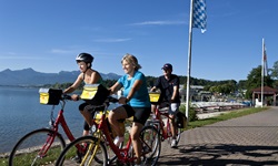 Radler am Chiemsee fahren an einer Bootsanlegestelle vorbei