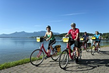 Eine Radlergruppe fährt einen gepflasterten Weg am Chiemsee entlang - im Hintergrund sind die Alpen zu sehen