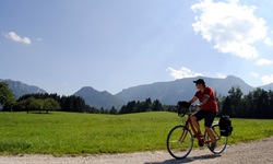 Ein Fahrradfahrer radelt auf einem geschotterten Weg an Wiesen und Wälder vorbei und hat einen traumhaften Blick auf die Alpen