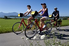 Eine Trio radelt auf einem Radweg an Wiesen vorbei