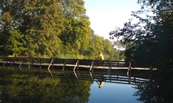 Ein Radler überquert eine Holzbrücke über einen Fluss auf der Drei-Länder Weintour