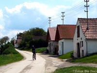 Ein Radler fährt durch ein Dorf auf der Drei-Länder Weintour