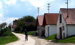 Ein Radler fährt durch ein Dorf auf der Drei-Länder Weintour
