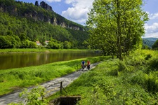 Zwei Radfahrer radeln auf dem Elbe-Radweg durch die schöne Landschaft