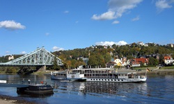 Ein Passagierschiff auf der Elbe fährt auf die Brücke "Blaues Wunder" bei Dresden-Loschwitz zu.