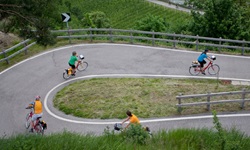 Vier Radler auf der von zahlreichen Serpentinen geprägten Abfahrt vom Reschenpass.
