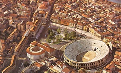 Luftaufnahme von Verona mit der berühmten Arena im Vordergrund.