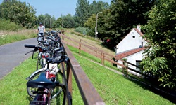 Fahrräder lehnen an einem Holzgeländer in Flandern auf einem Deich