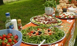 Blick auf ein Picknickbuffet mit frischen Erdbeeren, Tomaten, Oliven, Ruccola, Brötchen, Schinken, Mozarella, Basilikum und vieles mehr