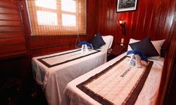 Eine 2-Bett-Kabine an Bord der Funan Cruise (die als das Foto aufgenommen wurde noch den Namen "Le Cochinchine" trug).