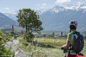 Eine Radfahrerin auf dem Radweg der Via Claudia Augusta blickt zu Burgeis und Mals