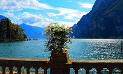 Wunderschöner Blumenschmuck auf einer Balustrade am Gardasee
