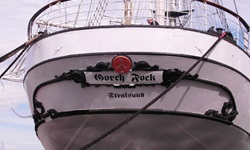 Das Heck des ehemaligen Segelschulschiffes Gorch Fock I in Stralsund.