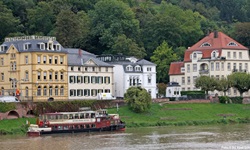 Häuserfassaden am Neckarufer von Heidelberg. Im Bildvordergrund ist ein Passagierschiff zu sehen.
