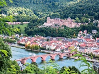 Stadtansicht von Heidelberg mit dem Neckar, der Alten Brücke und dem Schloss.