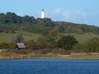 Blick über das Meer zum Ufer von Hiddensee und den Leuchtturm auf dem Dornbusch