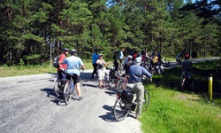 Eine Radlergruppe macht eine kurze Trinkpause.