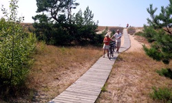 Ein Radlerpärchen schiebt seine Räder über einen Holzsteg durch die Dünenlandschaft der Kurischen Nehrung.