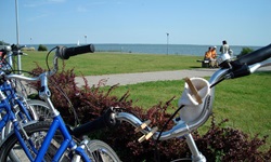 Einige Radler haben ihre Räder abgestellt und machen auf einer Bank unweit der Ostseeküste Pause.