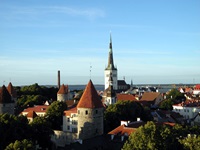 Schöner Blick auf Tallinn mit der Olaikirche und Teilen der Stadtmauer.