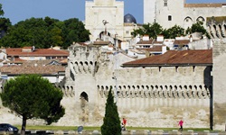 Ein Fahrrad lehnt vor dem Papstpalast von Avignon und der Kathedrale Notred-Dame-des-Doms an einer Mauer.