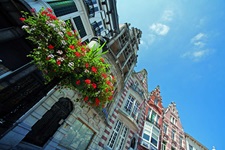 Blick auf eine gotische Häuserreihe mit einer Straßenlaterne, die bepflanzt ist, in Dendermonde in Holland