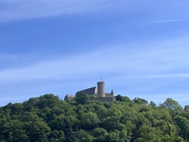 Blick auf eine hochragende Burg entlang des Lahn-Radwegs