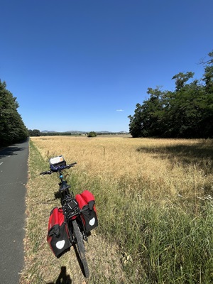Ein abgestelltes Fahrrad auf einem Rasenstreifen neben dem Radweg von Prag nach Wien