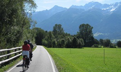 Zwei Radfahrer radeln auf dem Etsch-Radweg mit Blick auf die Alpen