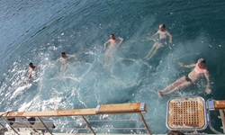 Fünf Männer liegen im Meer und lassen sich treiben