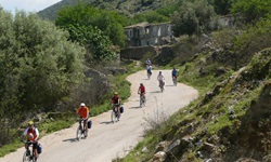 Eine Gruppe Radler fährt einen Hügel auf einer Straße herunter, im Hintergrund sind alte Gebäude zu sehen