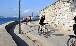 Eine Radlergruppe fährt auf einer asphaltierten Straße am tiefblau schimmernden Meer vor der istrischen Küste entlang.